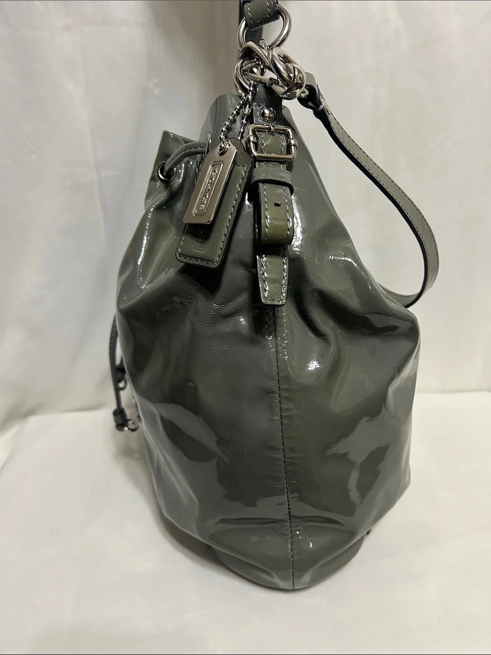 Coach Madison Patent Leather Marielle Drawstring Bag In Green